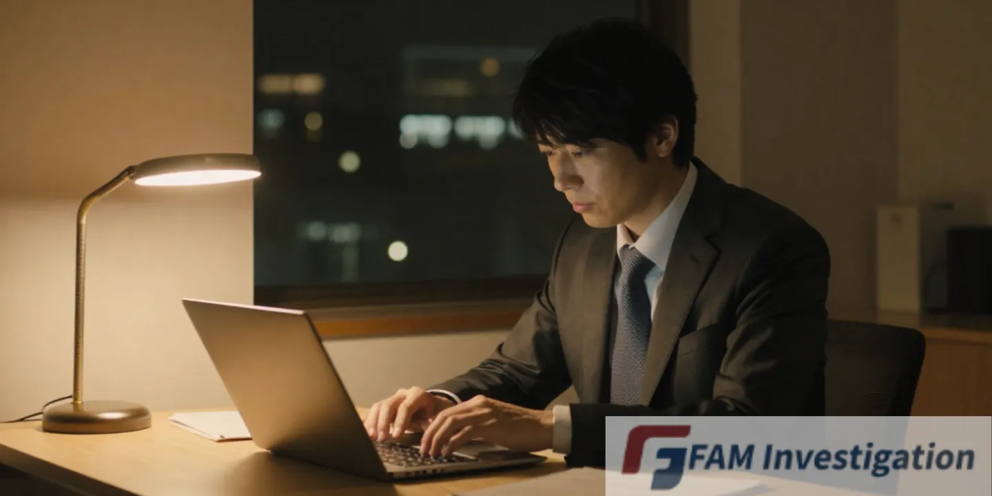 机のパソコンに向かうスーツの男性