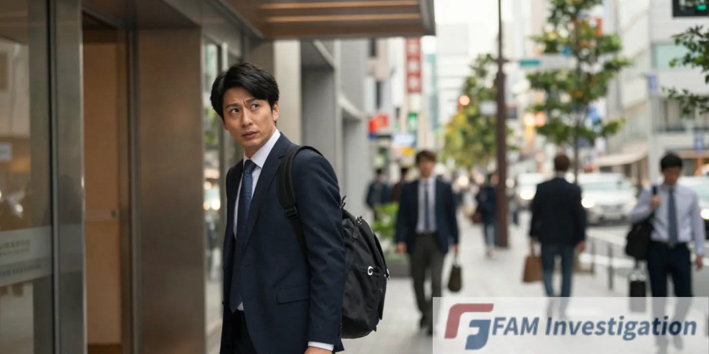 不安そうに何かを見るスーツ姿の男性